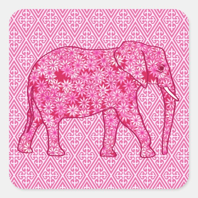 Flower elephant - fuchsia pink quadratischer aufkleber (Vorderseite)
