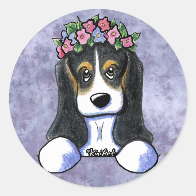Flower Girl Basset Hound Round Stickers (Vorderseite)