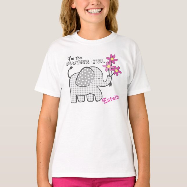 Flower Girl Gingham Elephant Pink Blume T-Shirt (Vorderseite)