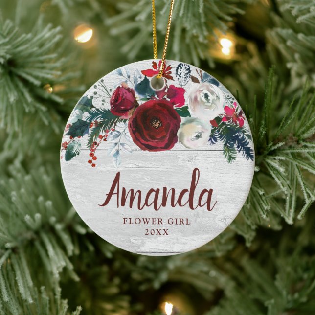 Flower Girl Personalized Burgundy Roses Christmas Keramik Ornament (Baum)