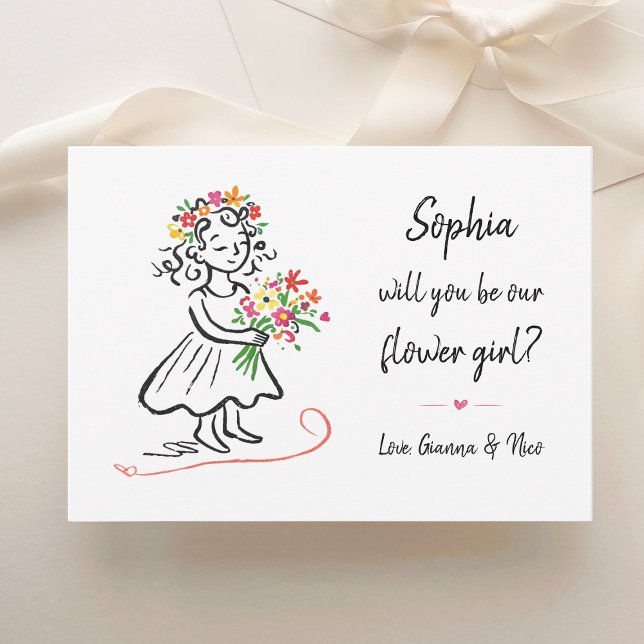 Flower Girl Proposal Chic Hand Drawn Illustration Karte (Von Creator hochgeladen)