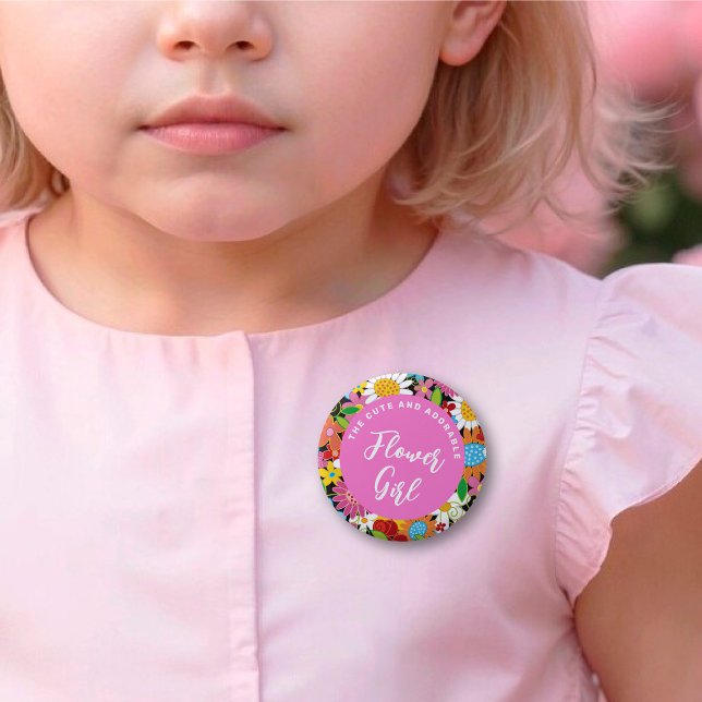 FLOWER GIRL Spring Flowers Garden Wedname Tag Button (FLOWER GIRL Colorful Spring Flowers Garden Wedding Rehearsal Name Tag Pin Button @ fat_fa_tin)