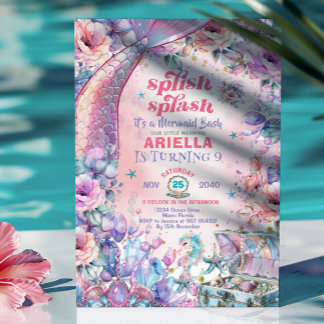 Flower Glitter Mermaid Tail 9th Birthday  Einladung