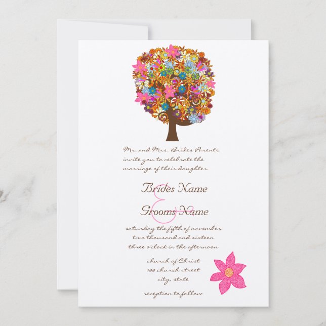 Flower Love Arbre rose Fleur mariage Invitations (Devant)