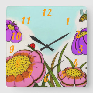 Flower Meadow Clock Quadratische Wanduhr