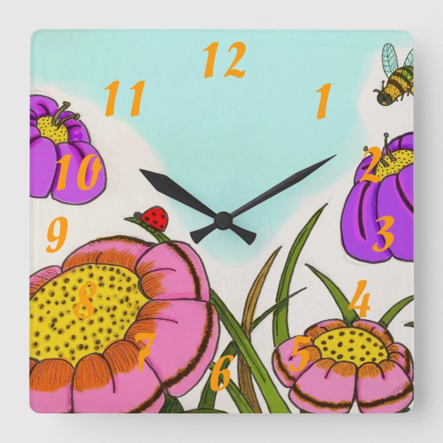 Flower Meadow Clock Quadratische Wanduhr (Vorderseite)