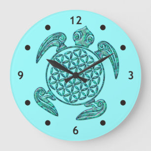 Flower of Life / Blume des Lebens turtle turquoise Große Wanduhr