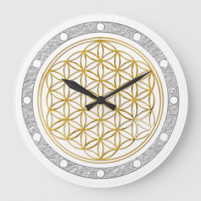 FLOWER OF LIFE - gold - clock face silver ring Große Wanduhr (Vorderseite)