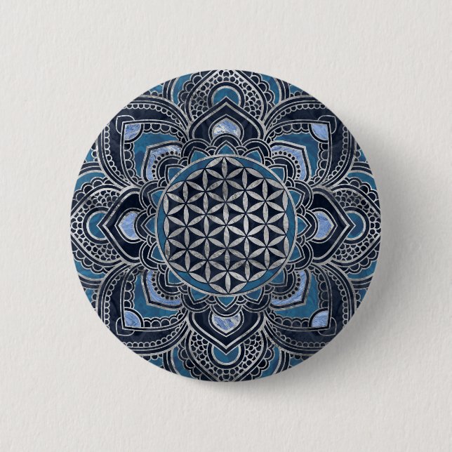 Flower of Life in Lotus - Blue Crystal and Silver Button (Vorderseite)