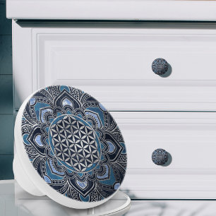 Flower of Life in Lotus - Blue Crystal and Silver Keramikknauf