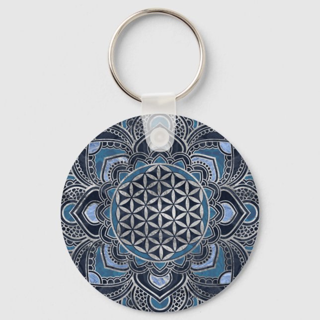 Flower of Life in Lotus - Blue Crystal and Silver Schlüsselanhänger (Vorderseite)