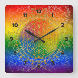 Flower of Life - Ornament Rainbow gold Quadratische Wanduhr