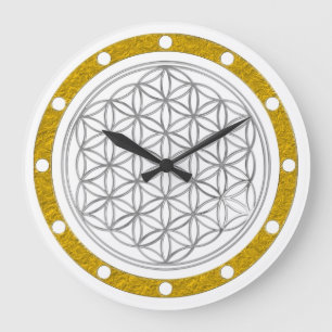 FLOWER OF LIFE - silver - clock face gold ring Große Wanduhr