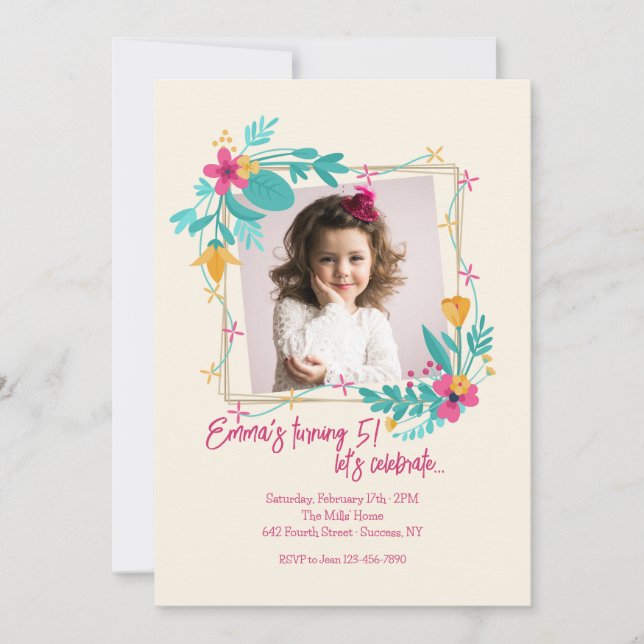 Flower Photo Frame for Girls Einladung (Vorderseite)