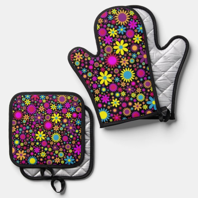 Flower Power Ofenhandschuh & Topflappen-Set (Vorderseite/Rückseite)