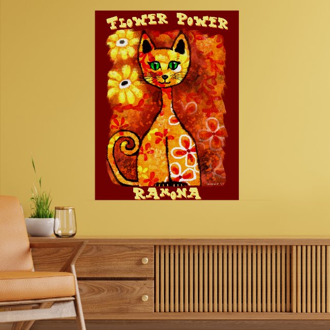 Flower Power Retro Whimsical Cat Personalized Poster (Wohnzimmer 2)