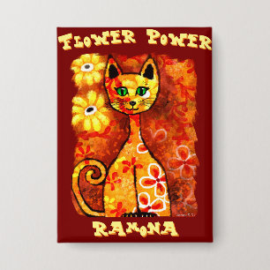 Flower Power Retro Whimsical Katze Personalisiert Button
