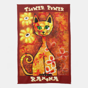 Flower Power Retro Whimsical Katze Personalisiert Geschirrtuch