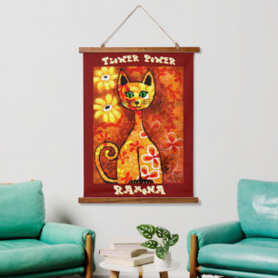 Flower Power Retro Whimsical Katze Personalisiert Wandteppich Mit Holzrahmen