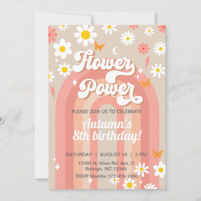 Flower Power Super fille invitation de 8ème annive (Devant)