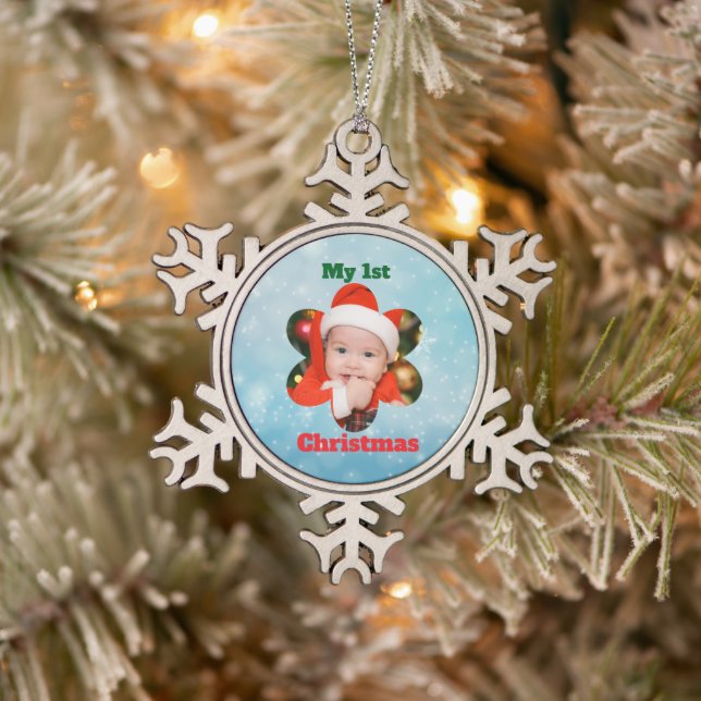 Flower Shape My 1st Christmas Photo Schneeflocken Zinn-Ornament (Baum)