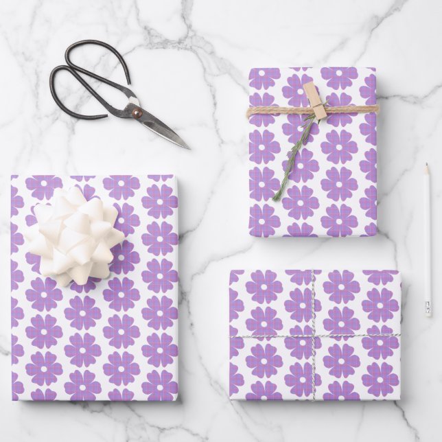 Flower Shape Plaid Pink Purple Geschenkpapier Set (Vorderseite)