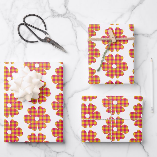Flower Shape Plaid Yellow Orange Pink Geschenkpapier Set (Vorderseite)