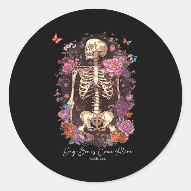 Flower Skeleton Dry Bones Come Alive, Retro Enchan Runder Aufkleber (Vorderseite)