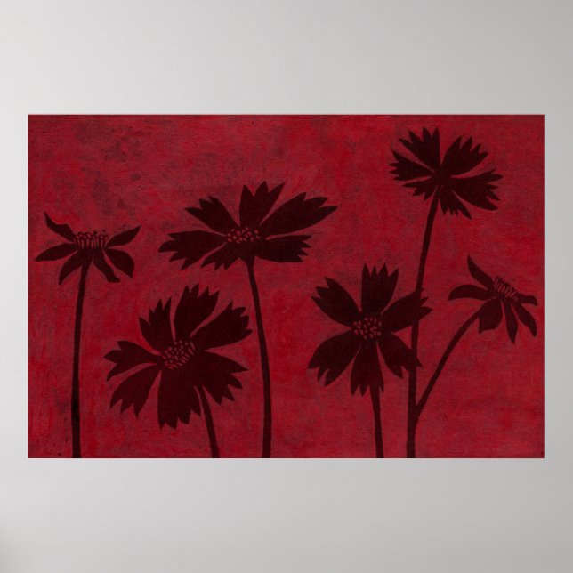 Flowerhead Silhouettes on Crimson Background Poster (Vorne)