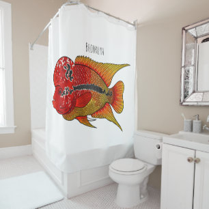 Flowerhorn cichlid fish cartoon illustration duschvorhang