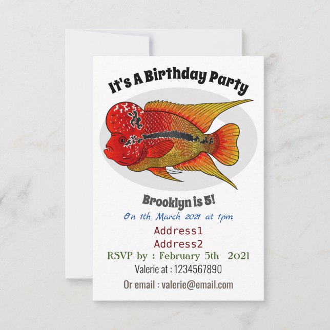 Flowerhorn cichlid fish cartoon illustration einladung (Vorderseite)