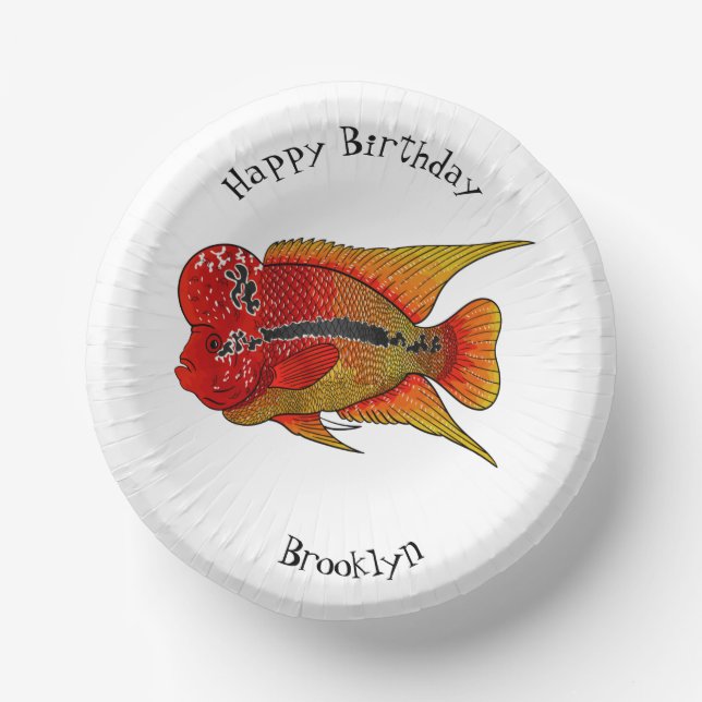 Flowerhorn cichlid fish cartoon illustration pappteller (Vorderseite)