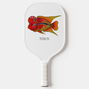 Flowerhorn cichlid fish cartoon illustration pickleball schläger