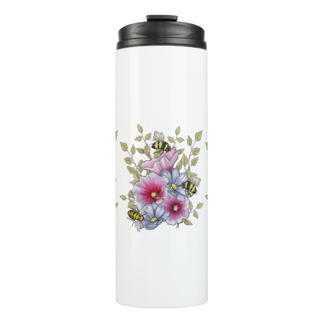 Flowers and Bees, Freehand Botanical Art Thermosbecher (Vorderseite)