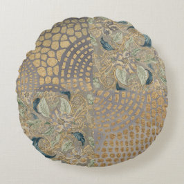 Flowers and Golden Giraffe Skin, Grey Background Rundes Kissen