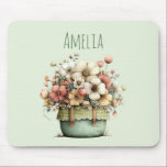Flowers in a Pot Cozy Shabby Cute Mousepad<br><div class="desc">Mouse pad with a whimsical stylish pot of flowers. Green,  pink and cream colors. Set in a green pot with a plaid cloth. Shabby vintage vibe.</div>