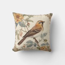 Flowers Pattern and Lovely Bird, Off White, Yellow