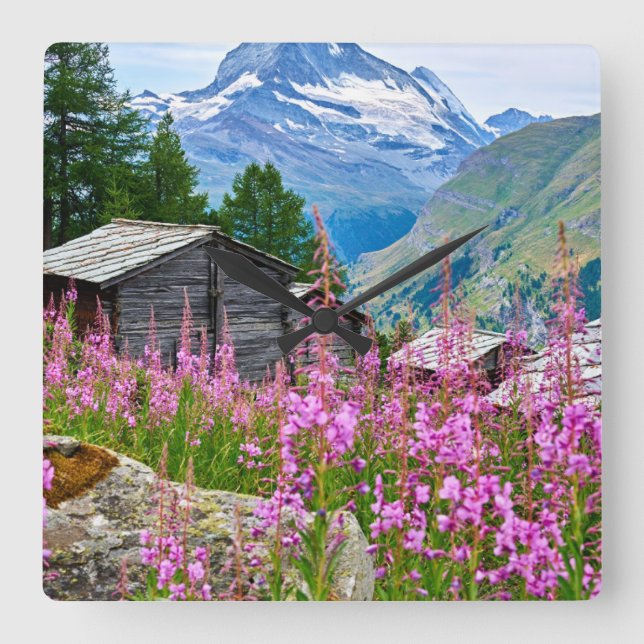 Flowers | Summer Matterhorn Switzerland Quadratische Wanduhr (Vorderseite)