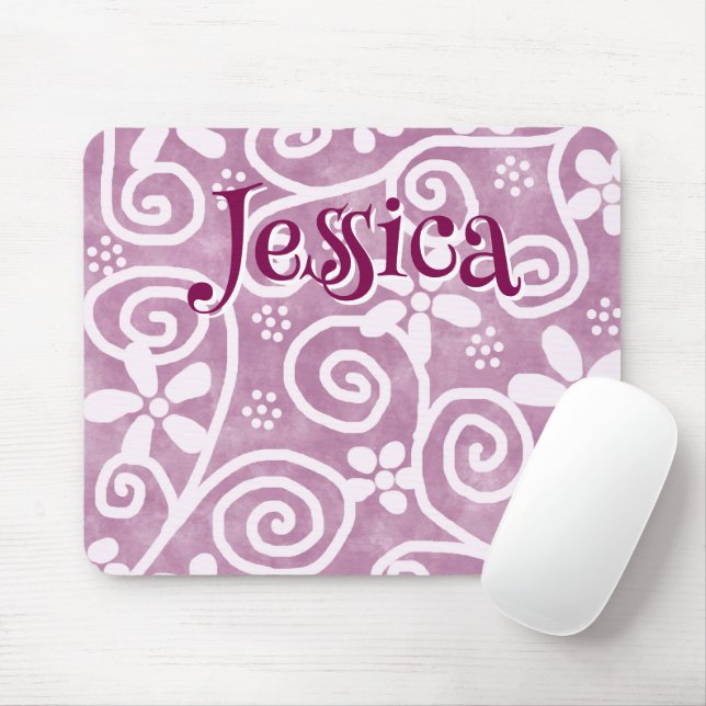 Flowers Swirls Pink White Pattern Personalized Mousepad (Mit Mouse)