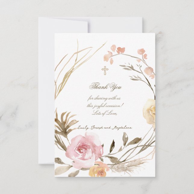 flowers wreath Baptism small thank you cards Einladung (Rückseite)