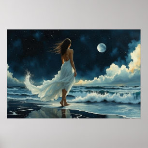 Flucht am Meer unter dem Mond Küstenkunst Poster