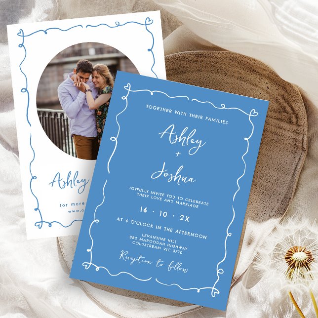 Flüchtige Hand gezogen blauen Rahmen Herz Hochzeit Einladung (Blue Whimsical Hand drawn Wedding Invitation, Blue, heart Frame, Hand Drawn Wedding Invite, Trendy)