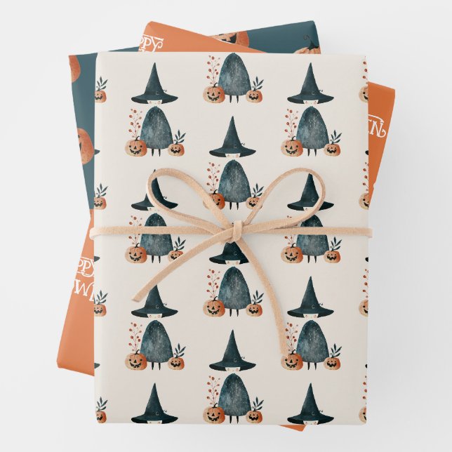 Flüchtige Hexe und Jack-o-Lanterns Halloween-Muste Geschenkpapier Set (Beispiel)