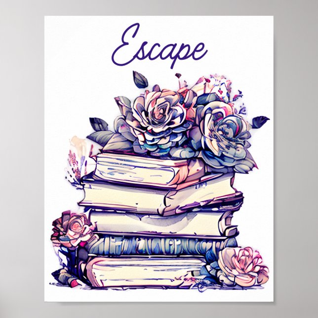 Fluchtstapel alter Vintager Bücher mit Rose Poster (Vorne)