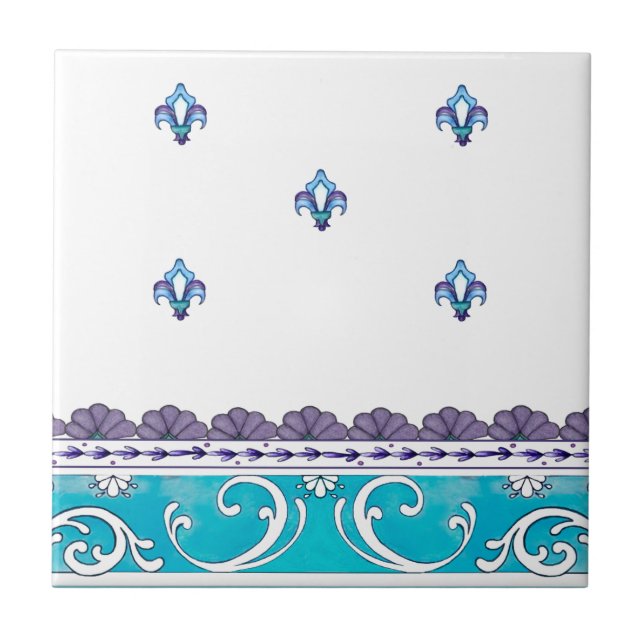 Fluer De Lis Blue Swirl Design Fliese (Vorderseite)