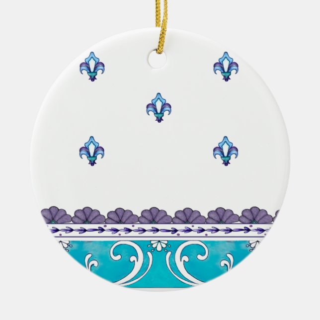 Fluer De Lis Blue Swirl Design Keramikornament (Vorne)