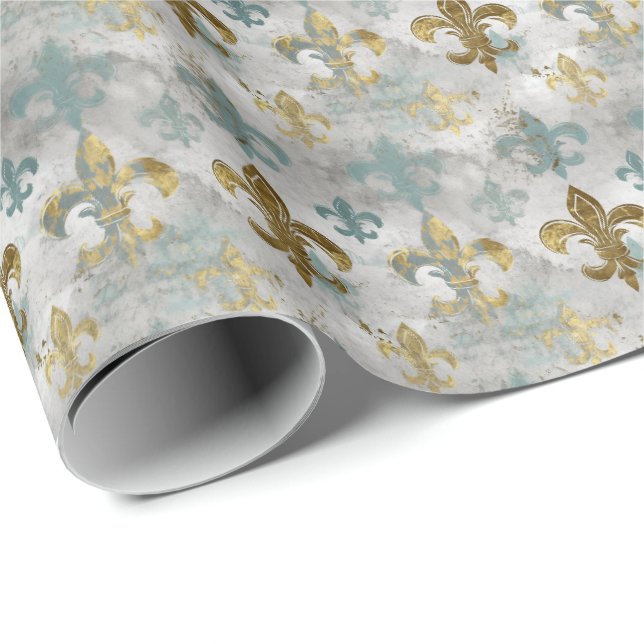 Fluer de Lis | Soft Blue & Gold Geschenkpapier (Rolleneckpunkt)