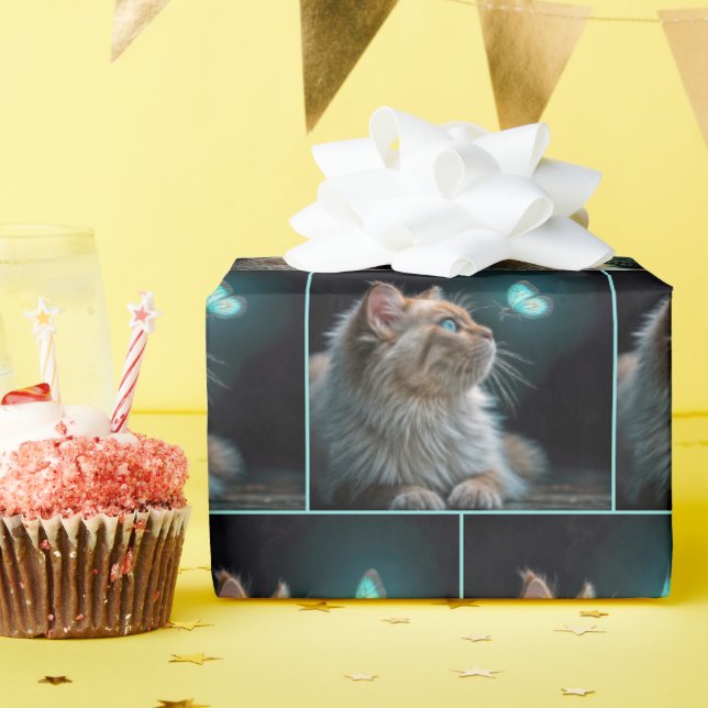 Fluffe Katze mit Neon Butterfly Geschenkpapier (Geburtstagsparty)