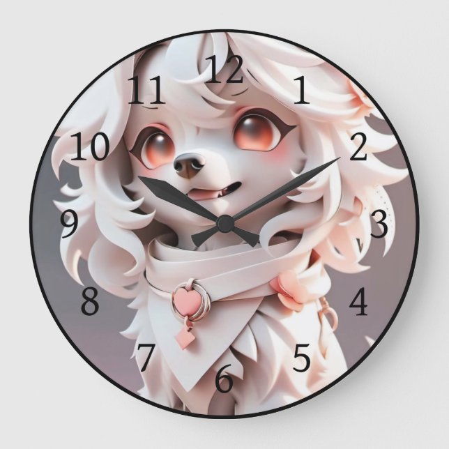 Fluffe, rosa und weiße Welpe Große Wanduhr (Vorderseite)