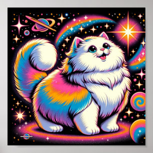 Fluffe weiße Katze im Weltraum Poster